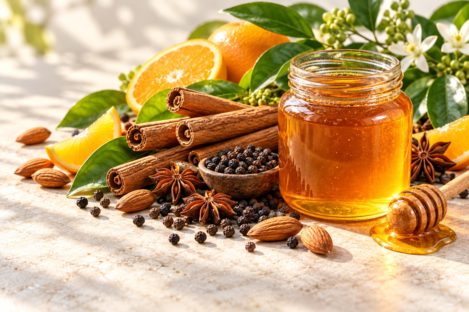 Honey, cinnamon, almonds, citrus and botanical leaves in sunlight